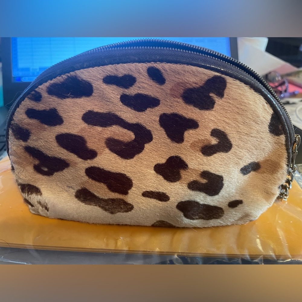 1980s Maud Frizon Faux Fur and Leather Animal Print Cosmetic Bag